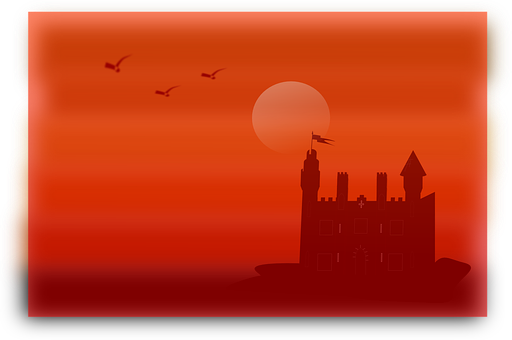 A Silhouette Of A Castle With Birds Flying In The Sky