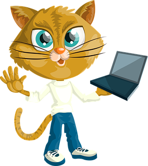 A Cartoon Cat Holding A Laptop