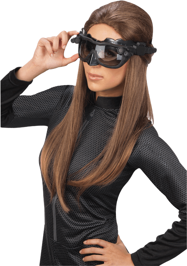 A Woman Wearing Goggles And A Black Bodysuit