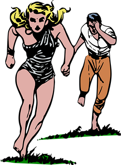 A Cartoon Of A Man And A Woman Running