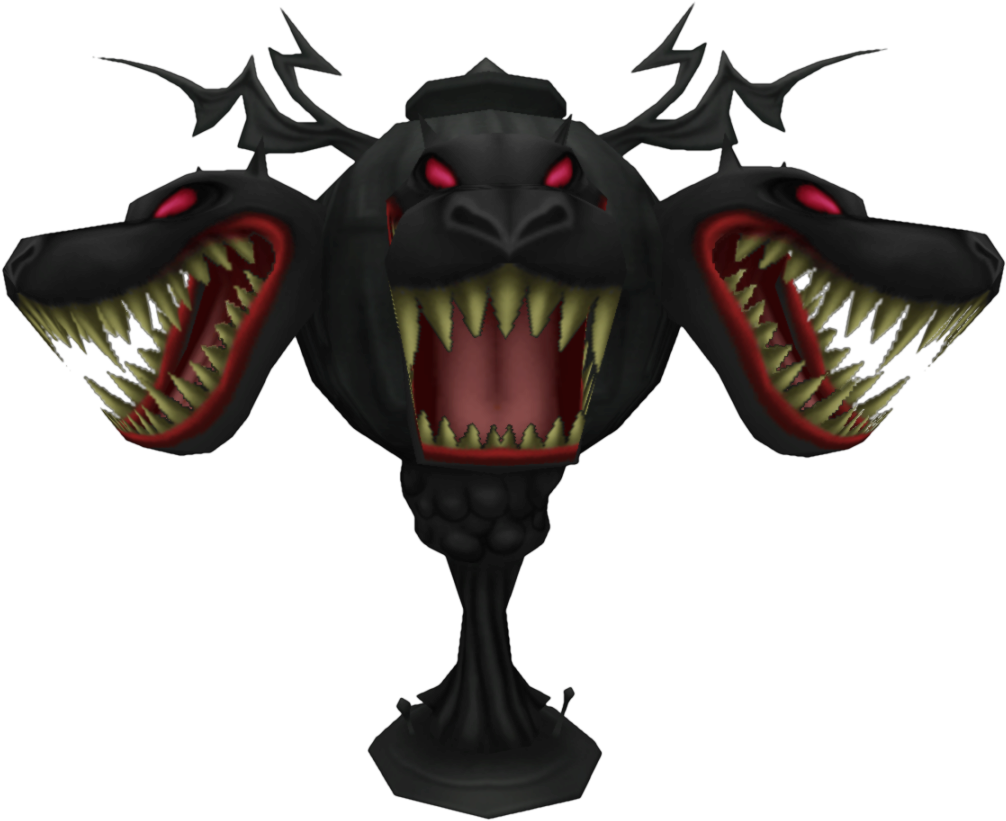 A Black Statue With Red Eyes And Teeth