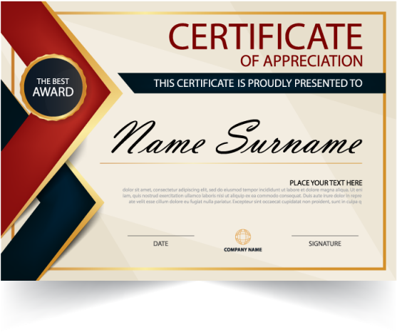 A Certificate Of Appreciation With A Red And Blue Design
