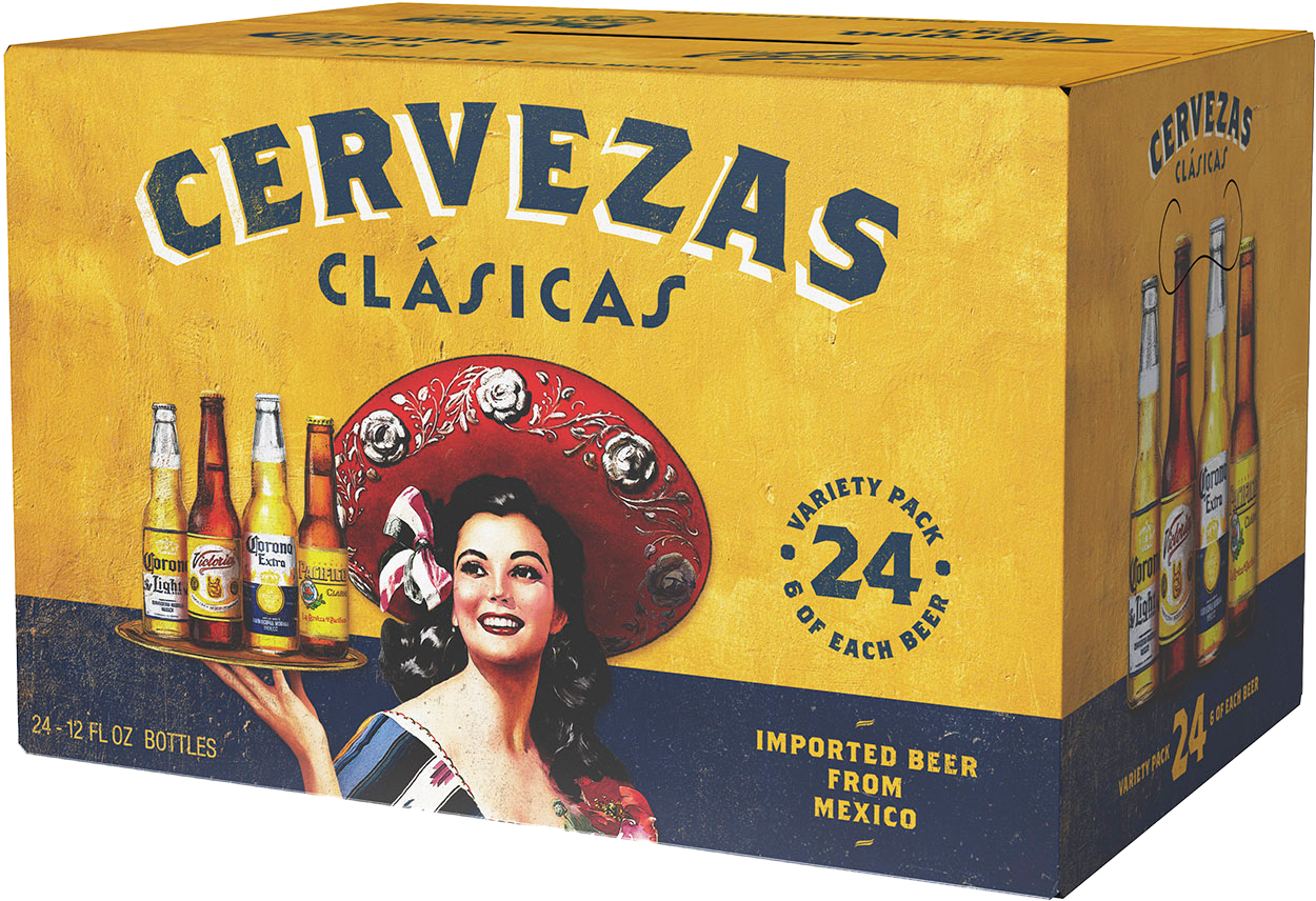 A Yellow Box With A Woman Holding A Tray Of Beer