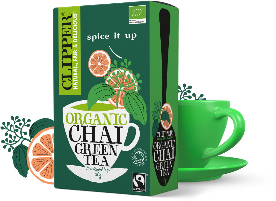 A Green Tea Cup And A Box Of Tea
