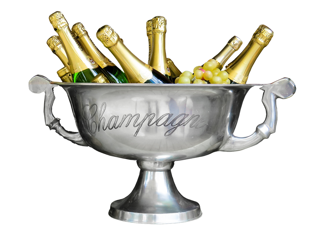A Silver Bowl With Bottles Of Champagne And Grapes