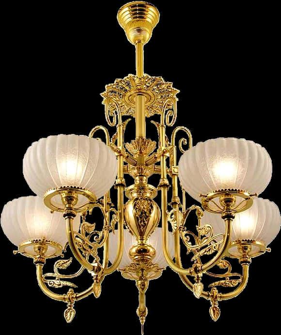 A Gold Chandelier With White Glass Globes
