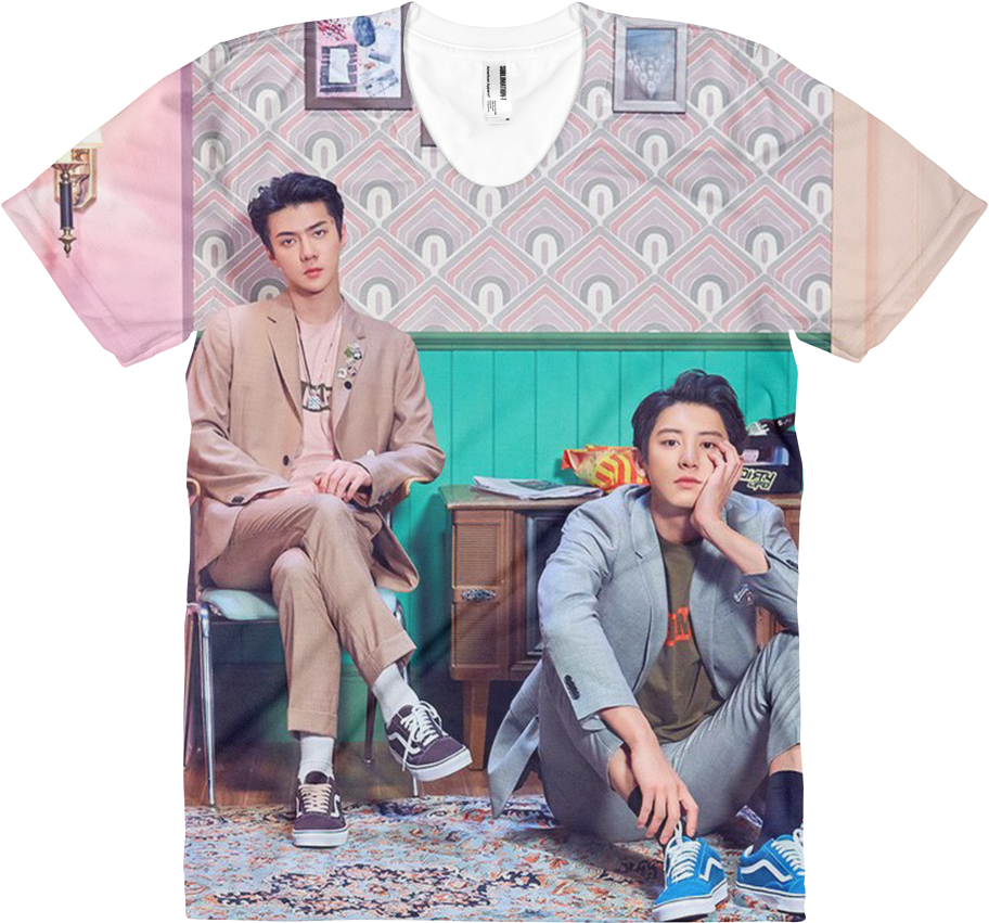 A Shirt With A Picture Of Two Men Sitting On The Floor
