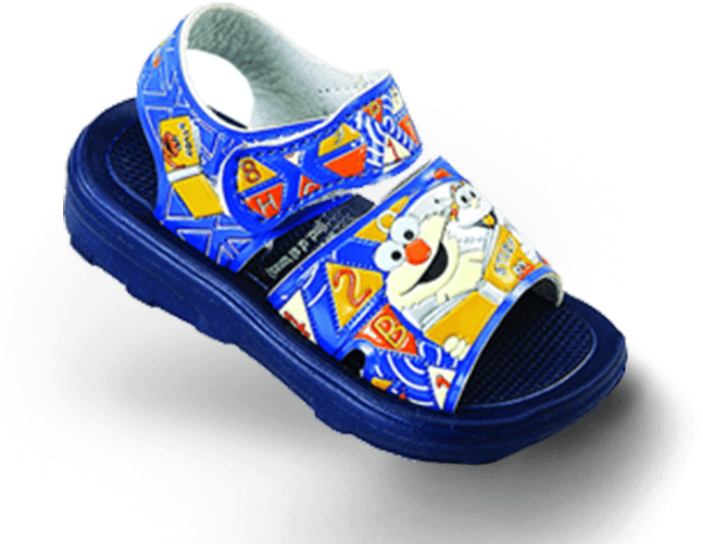 A Blue And Yellow Sandal With Cartoon Characters On It