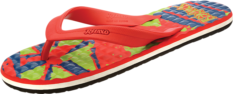 A Red Flip Flop With A Blue And Green Design