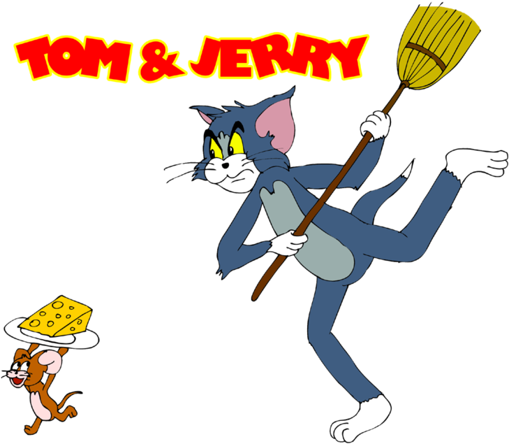 Cartoon Cat Holding A Broom And Mouse