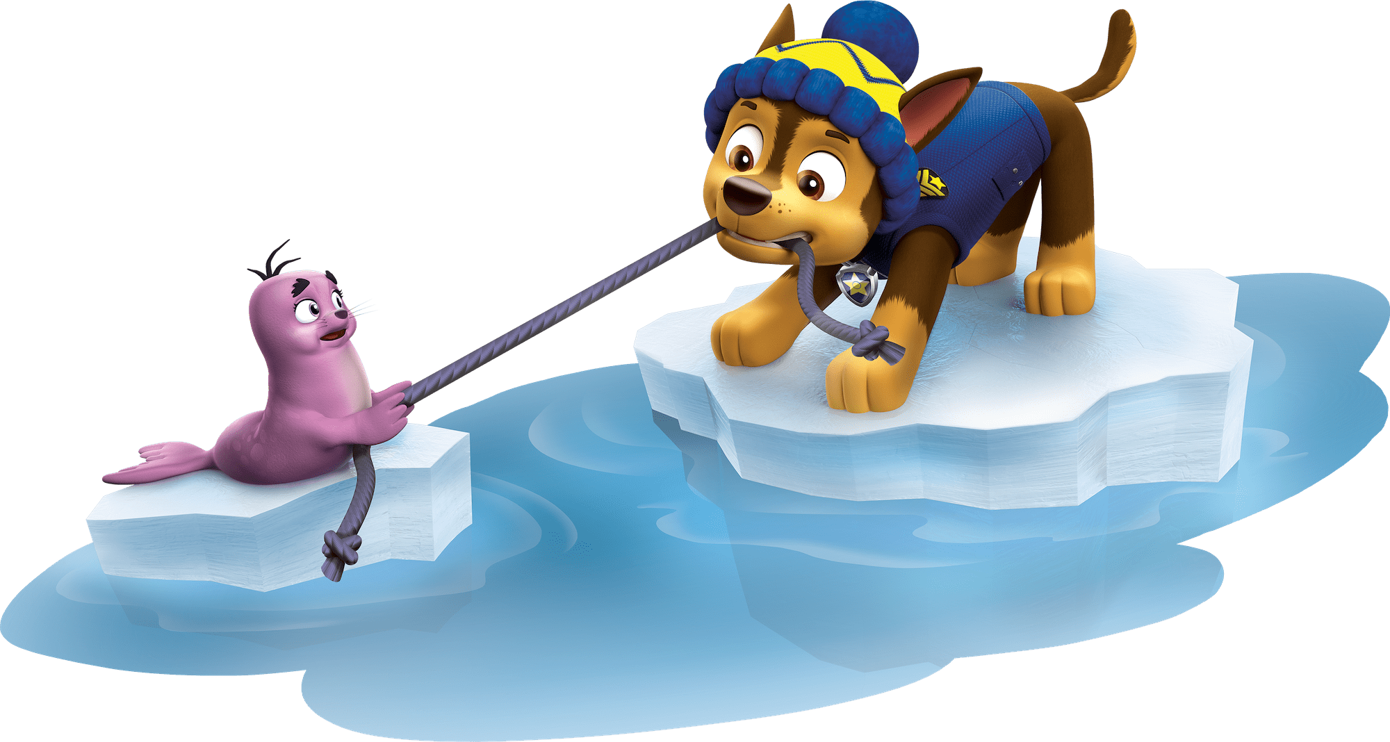 A Cartoon Of A Dog Pulling A Rope On An Iceberg