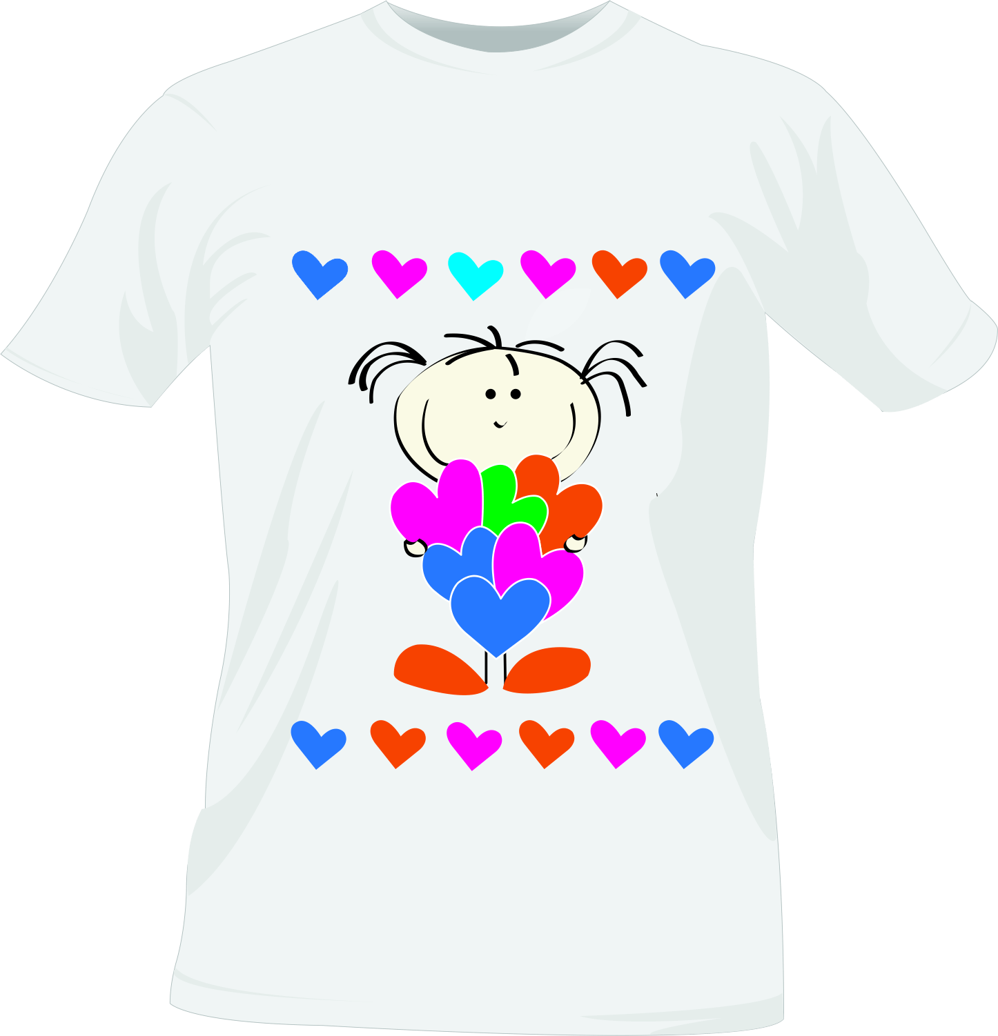 A White T-shirt With A Cartoon Of A Girl Holding A Bunch Of Hearts