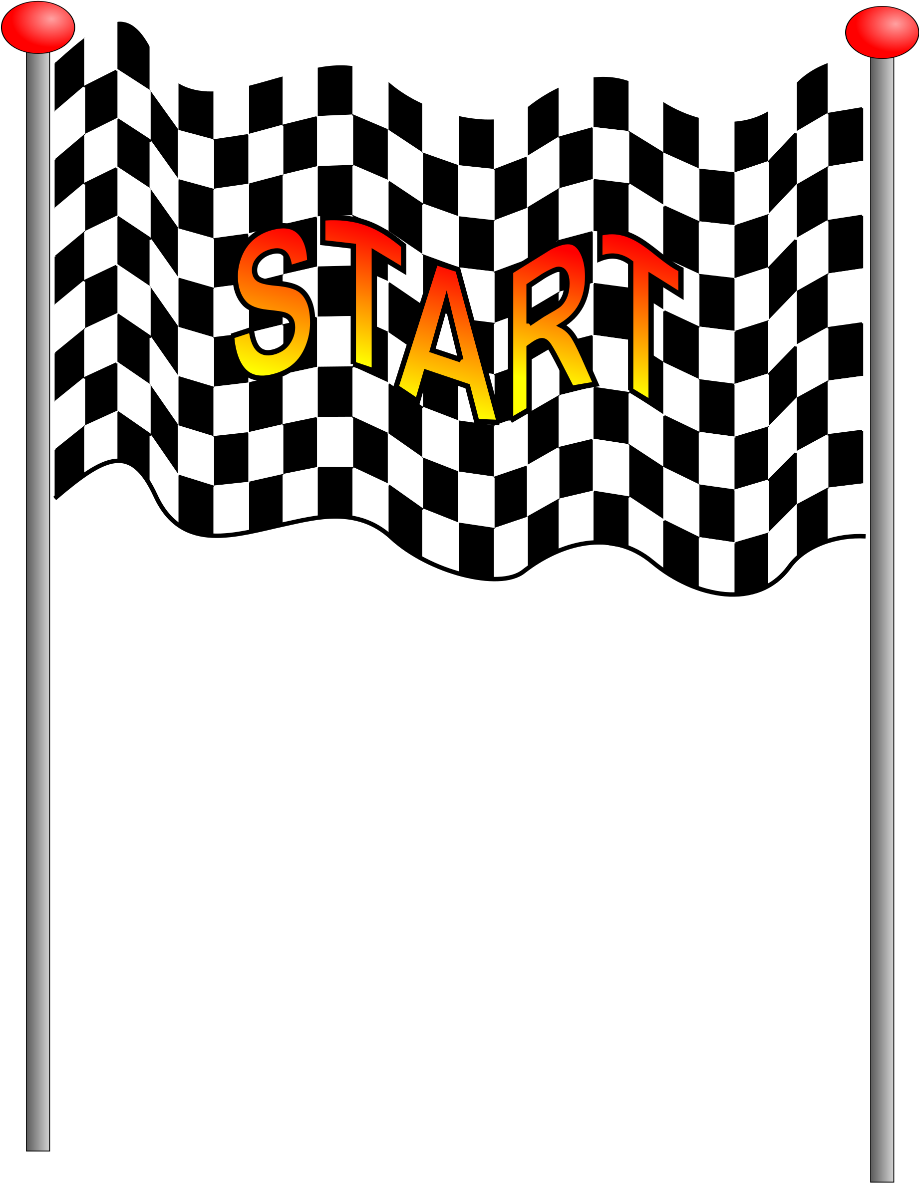 A Black And White Checkered Flag With Red And Yellow Text