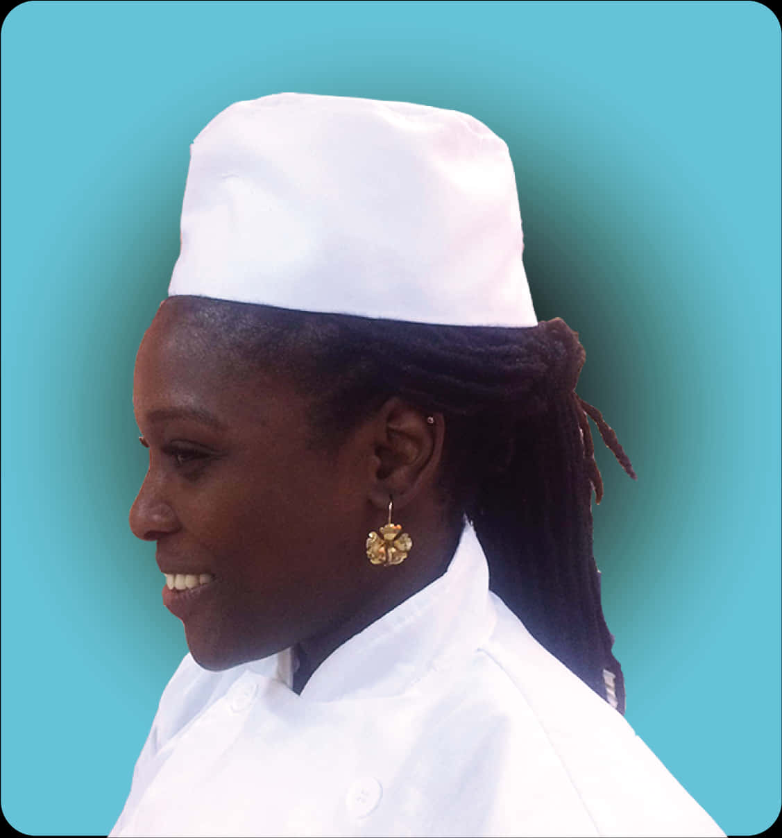 A Woman Wearing A White Hat And A White Coat