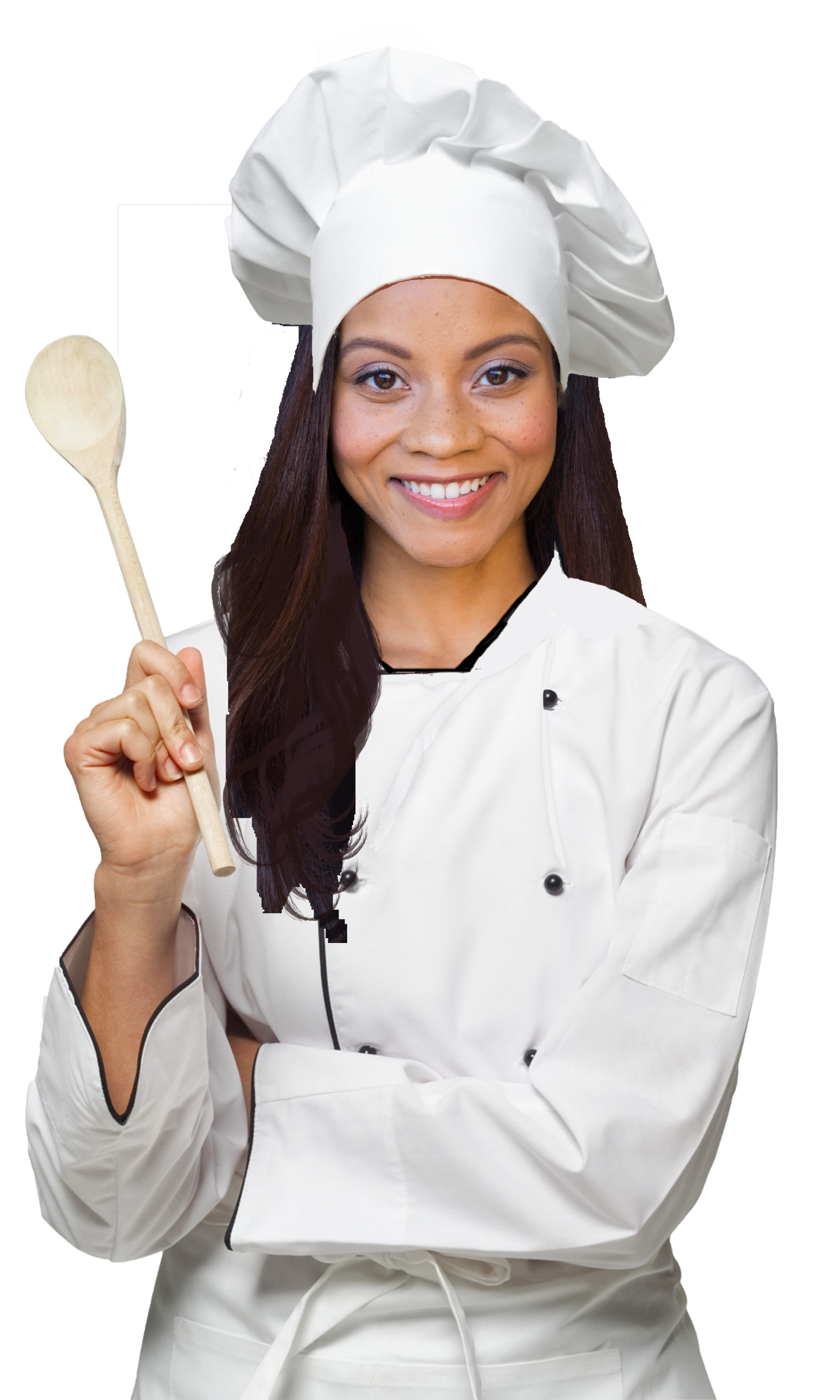 A Woman In Chef's Uniform Holding A Wooden Spoon