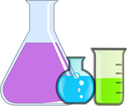 A Group Of Beakers With Different Colored Liquids