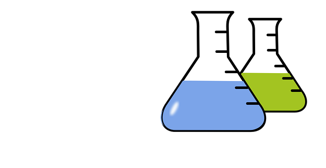 A Blue And White Beaker With A Green Liquid Inside