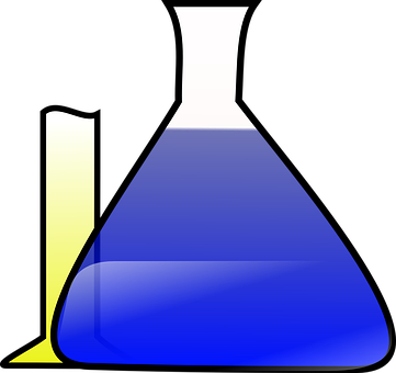 A Blue And White Beaker With A Yellow Liquid