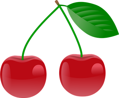 A Pair Of Cherries With A Green Leaf
