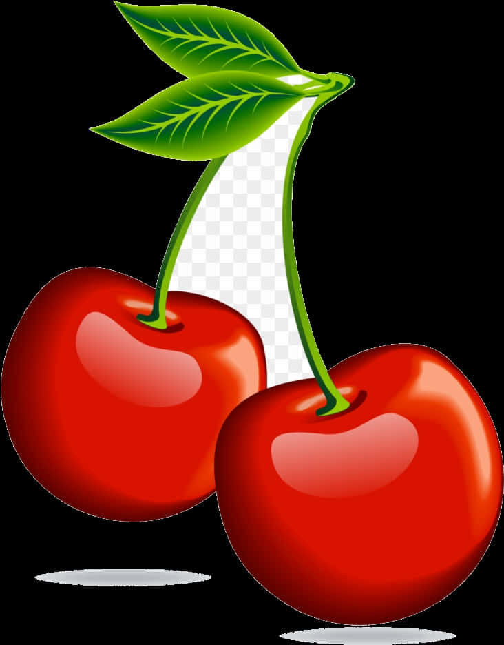 A Pair Of Red Cherries With A Green Leaf
