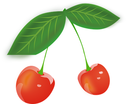 A Pair Of Red Cherries With Green Leaves