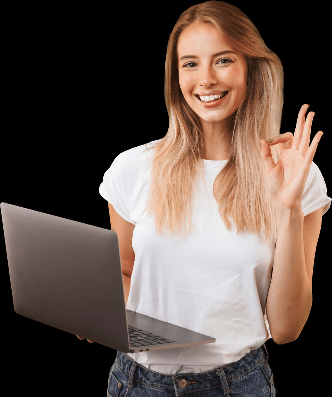 A Woman Holding A Laptop And Making A Ok Sign