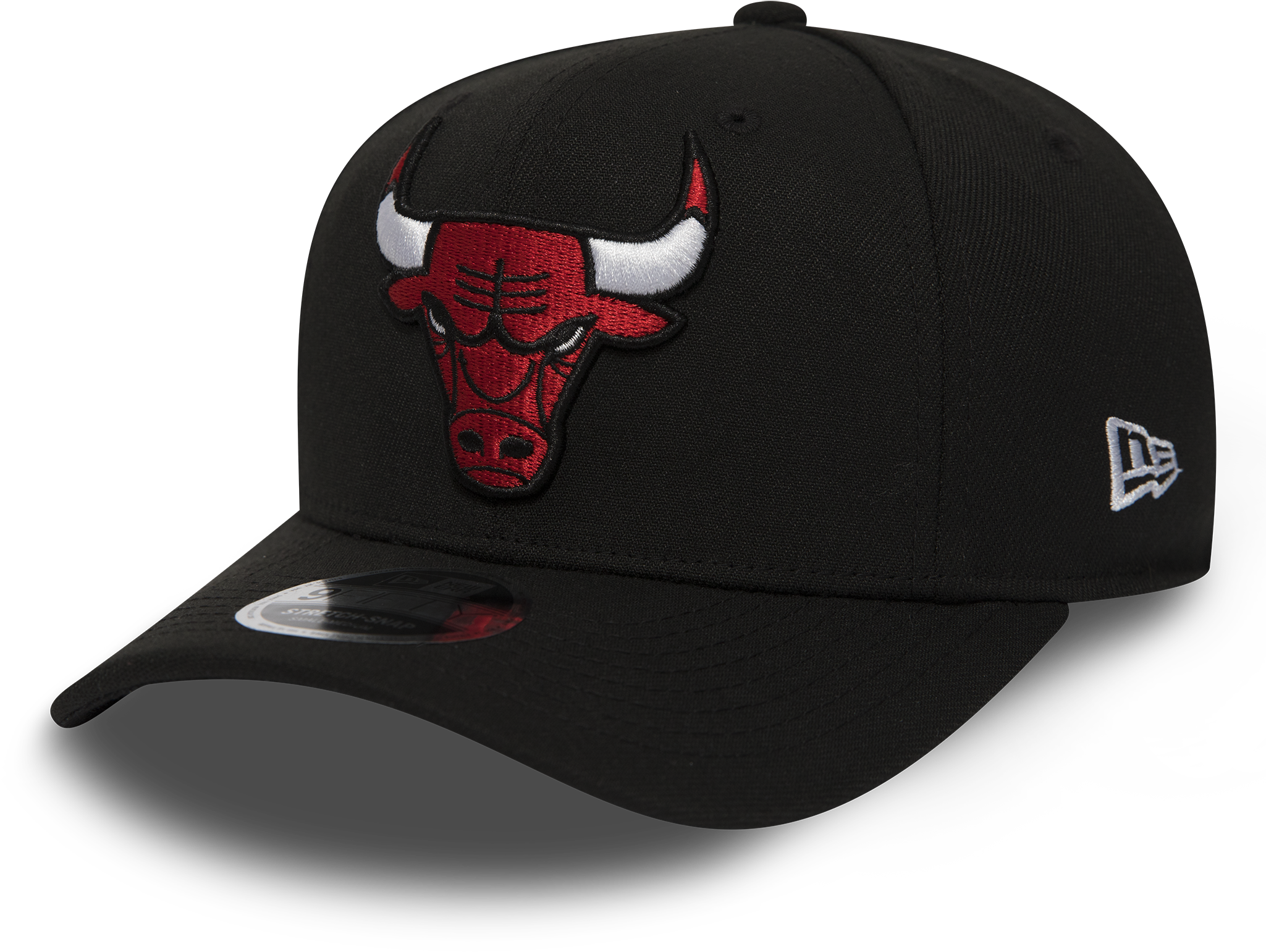 A Black Hat With A Red Bull Head On It