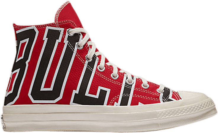 A Red And White High Top Shoe With Black And White Letters