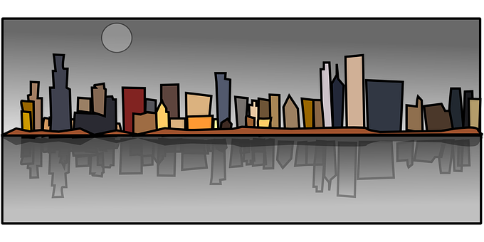 A City Skyline With A Reflection Of The Moon