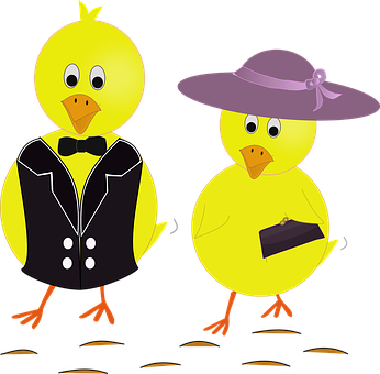 Two Yellow Chickens Wearing A Suit And A Purple Hat