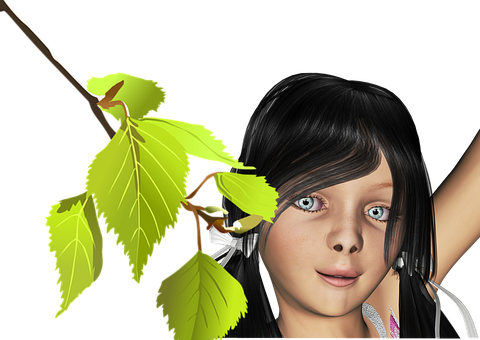 A Girl With Black Hair And Green Leaves