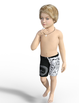 A Child Wearing Swim Trunks And A Necklace