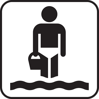 A Black And White Sign With A Person Holding A Bucket