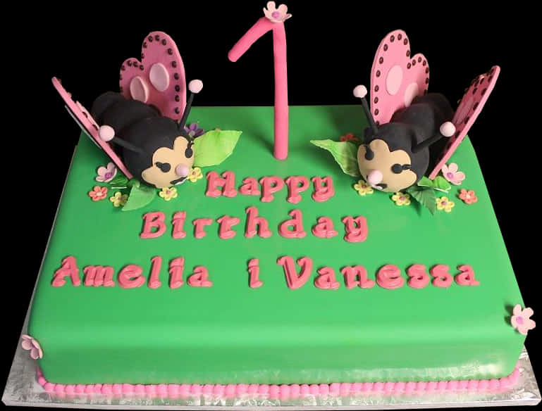 A Green Birthday Cake With Pink Butterflies And Pink Letters
