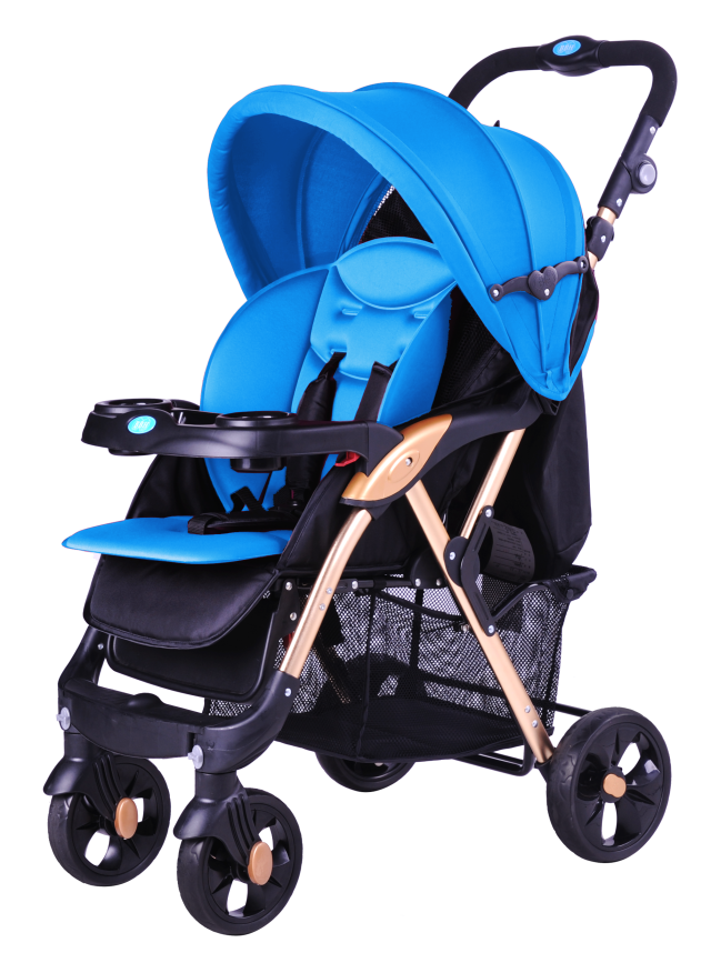 A Blue And Black Baby Stroller