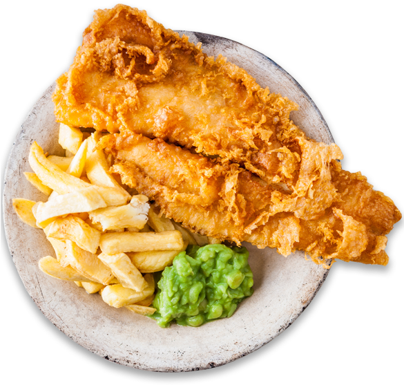 A Plate Of Food With Mushy Peas And Fried Fish