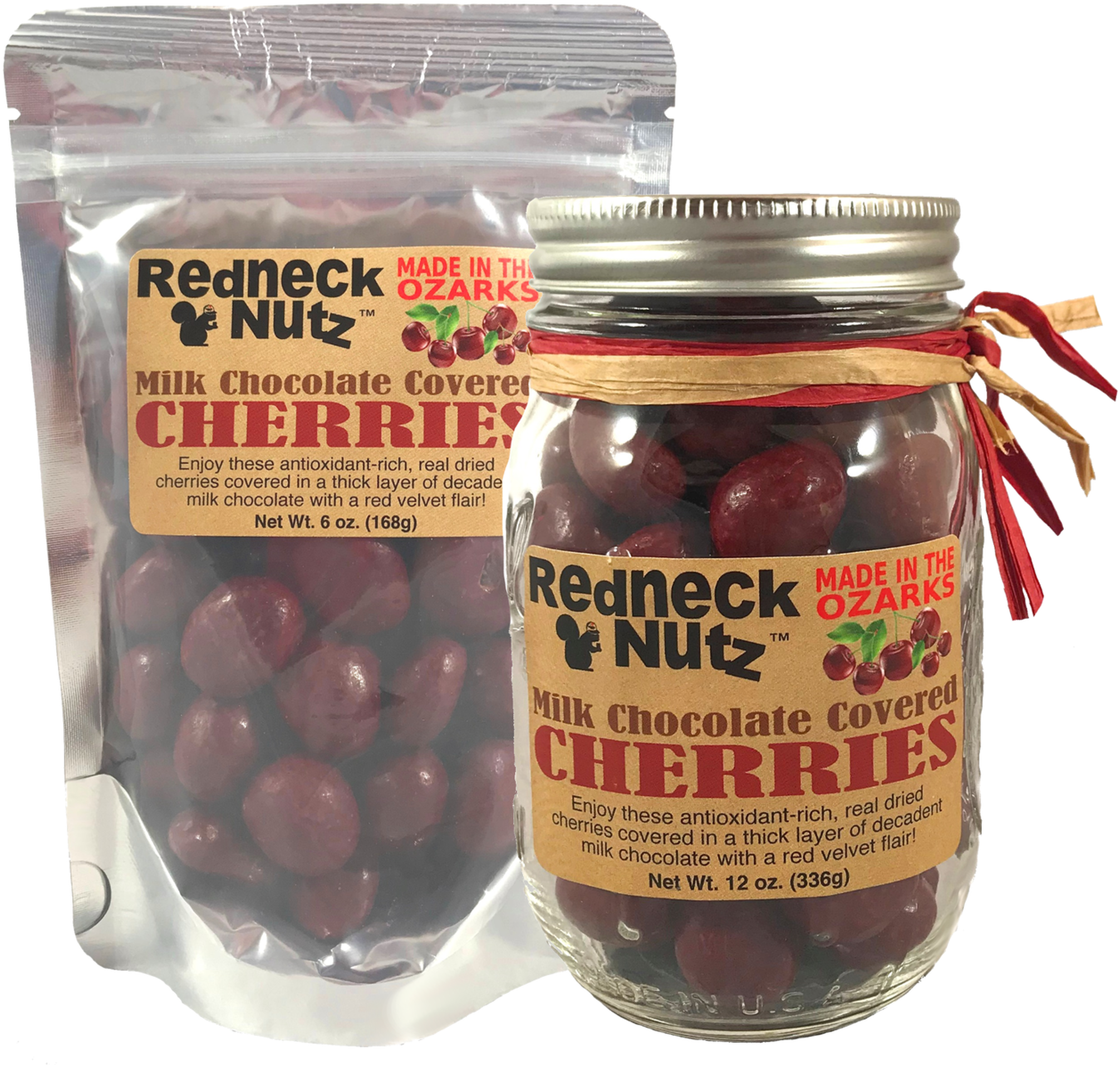 A Jar Of Chocolate Covered Cherries And A Bag Of Redneck Nuts