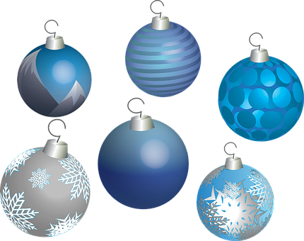 A Group Of Blue And Silver Ornaments