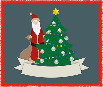 A Christmas Tree With A Santa Claus And A Banner