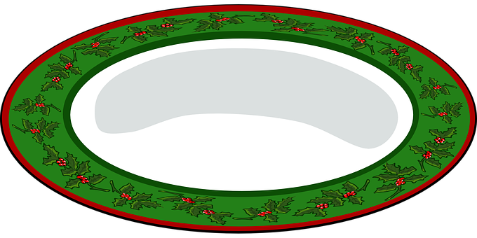 A Green And Red Plate With Holly Leaves