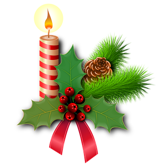 A Candle With A Pine Cone And Holly Leaves