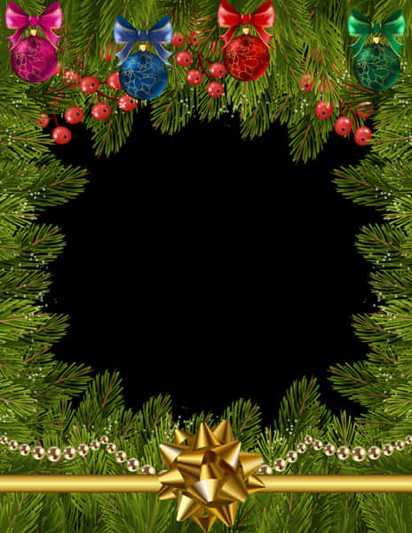 A Frame Of Pine Branches With Ornaments And A Bow