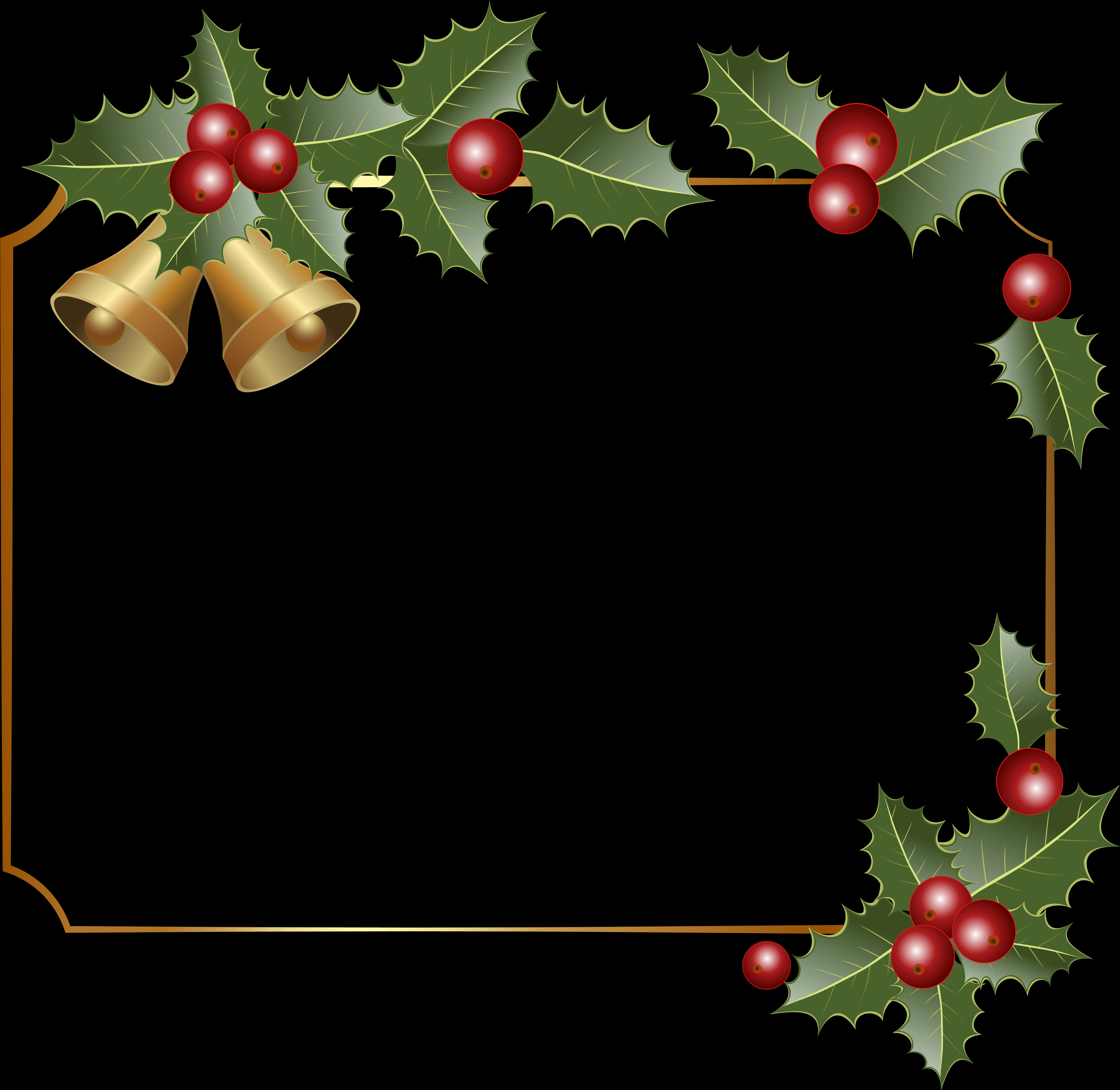 A Gold Frame With Holly Berries And Bells