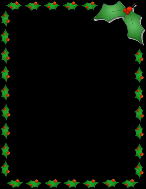 A Black Background With Green And Red Holly Leaves