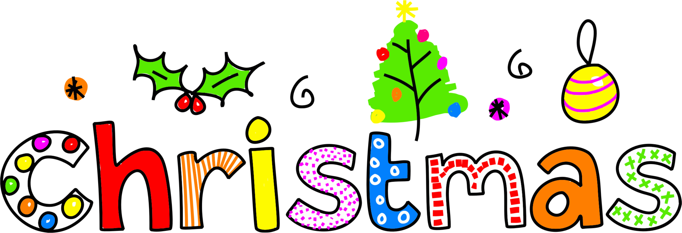 A Black Background With Colorful Letters And A Christmas Tree