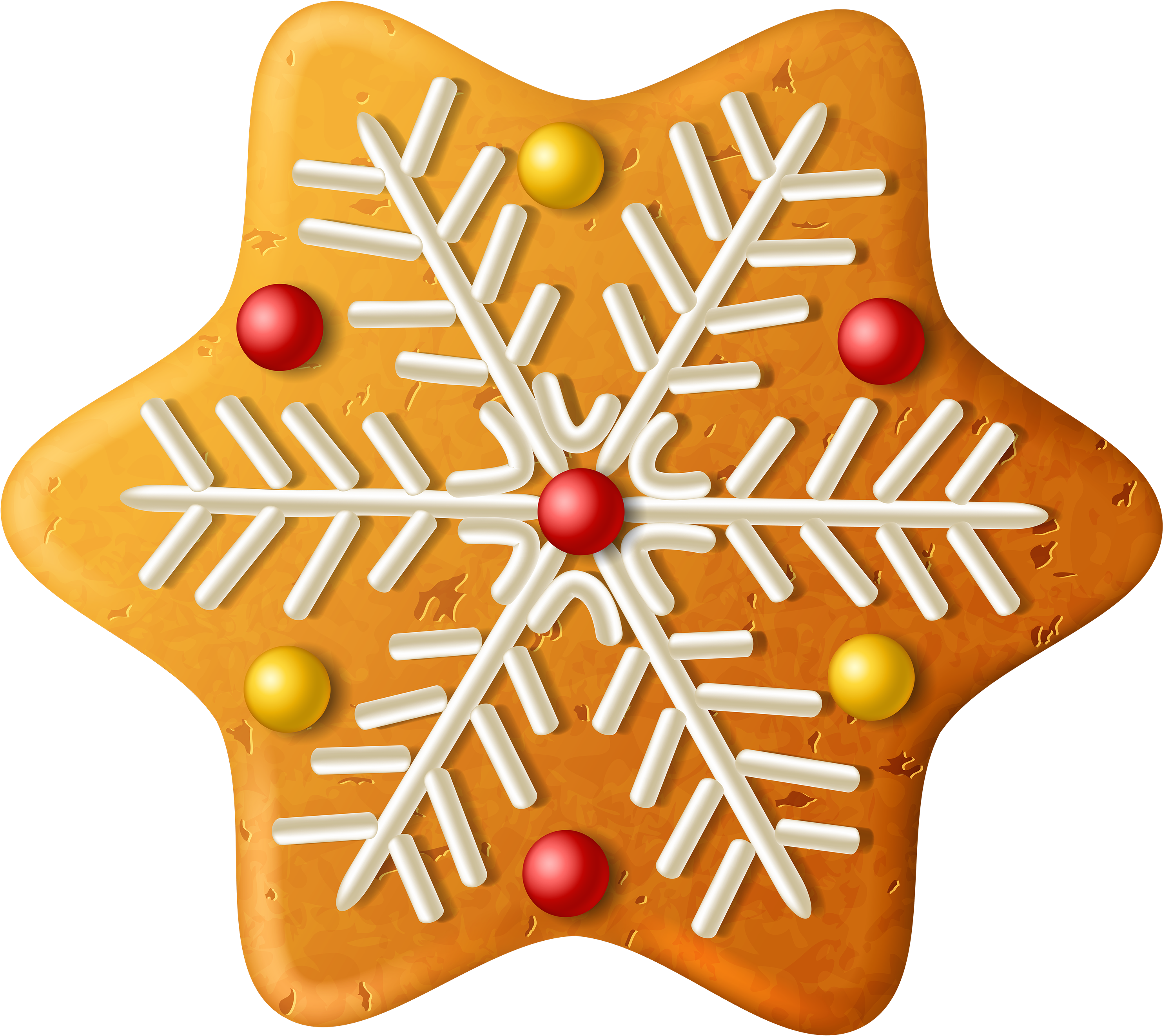 A Star Shaped Cookie With White Frosting And Red And Yellow Dots