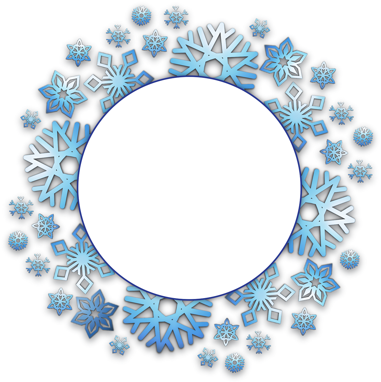 A White Circle With Blue Snowflakes Around It