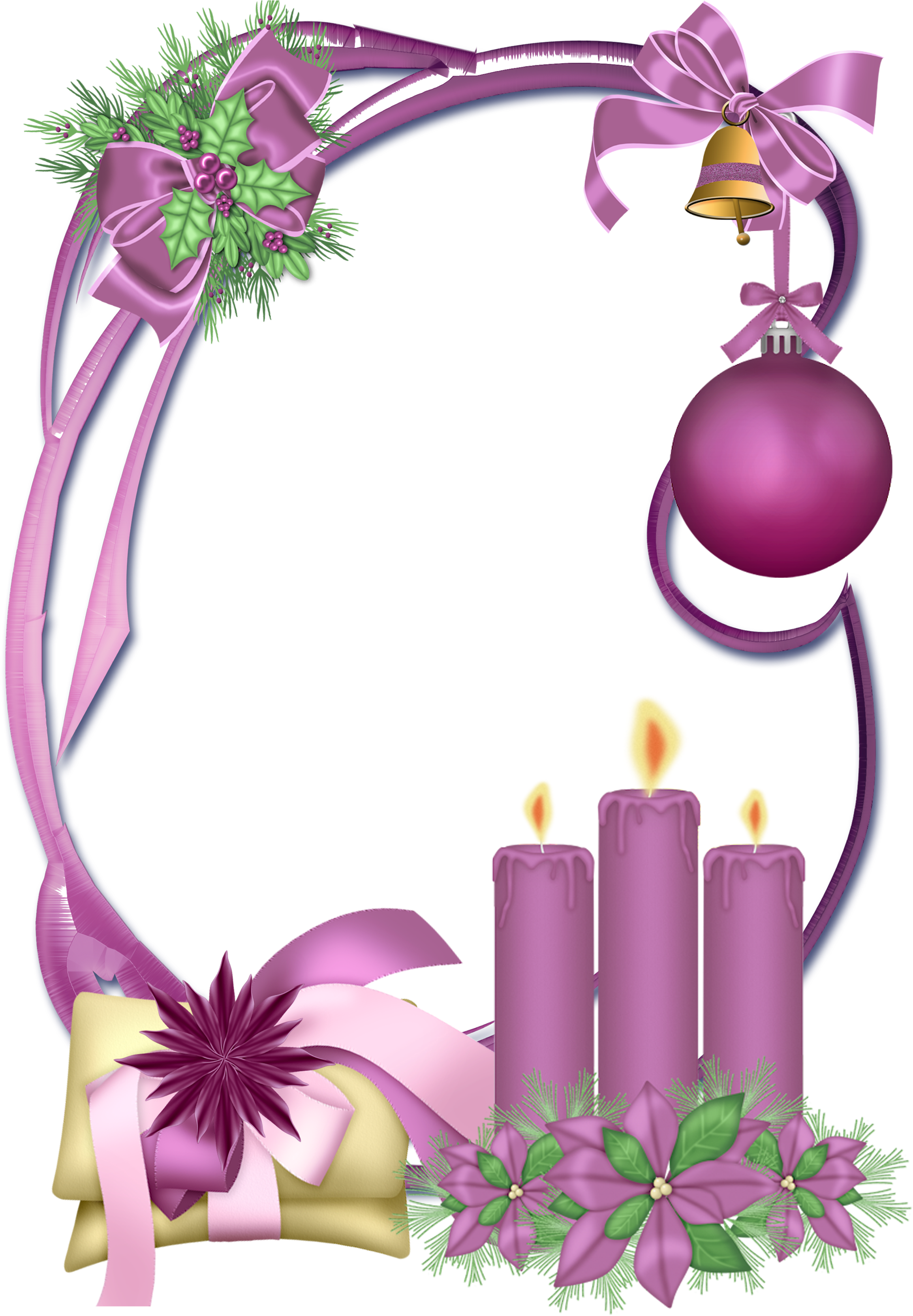 Purple Christmas Decorations With Purple Ribbon And Candles
