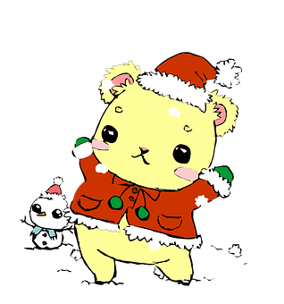 A Cartoon Of A Bear Wearing A Santa Hat And A Snowman
