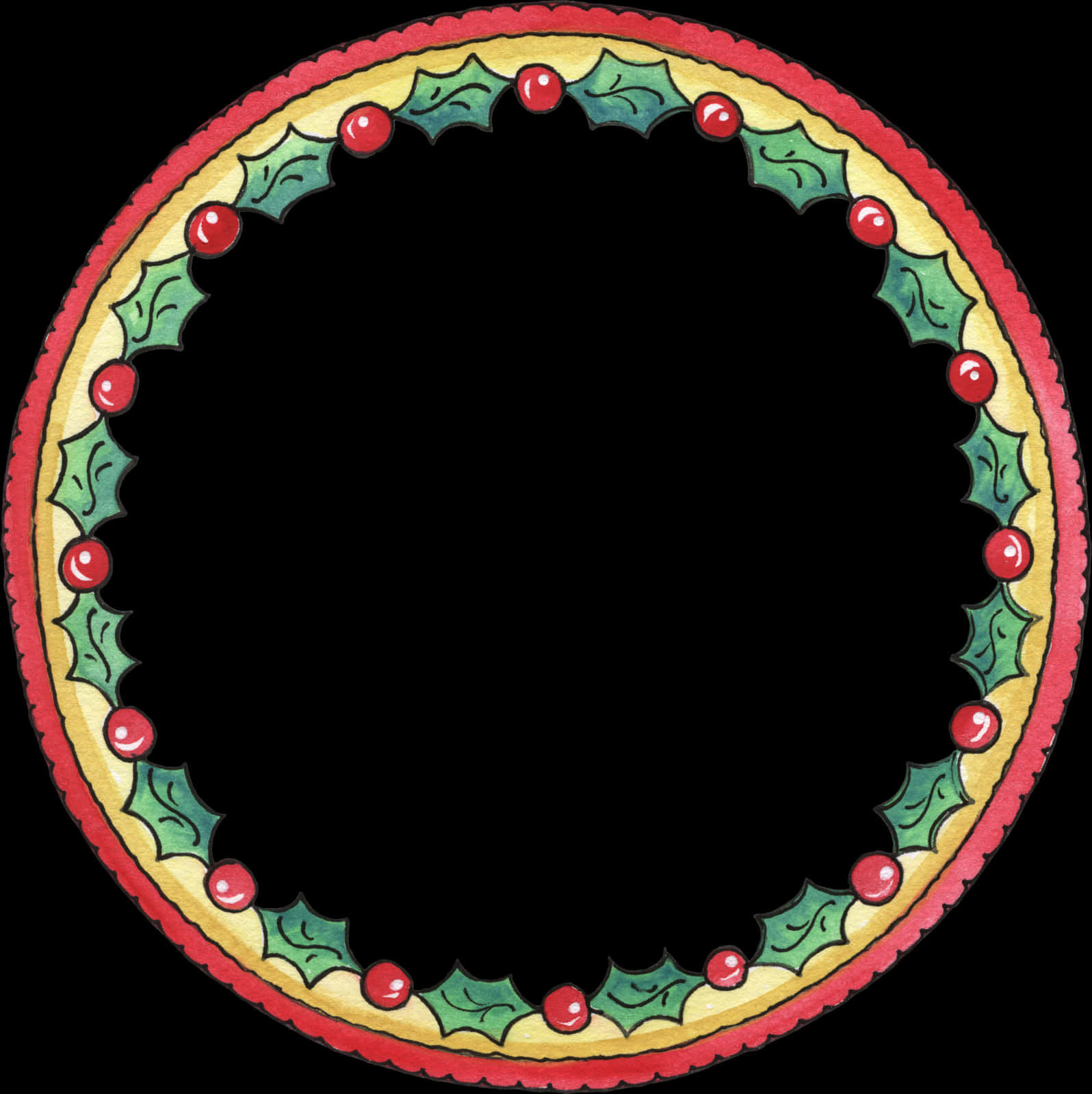 A Circular Frame With Holly Leaves And Berries
